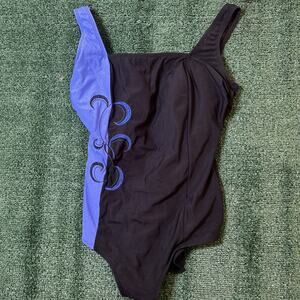 Vintage Longitude One Piece Swimsuit Black Blue Embroidered 20W